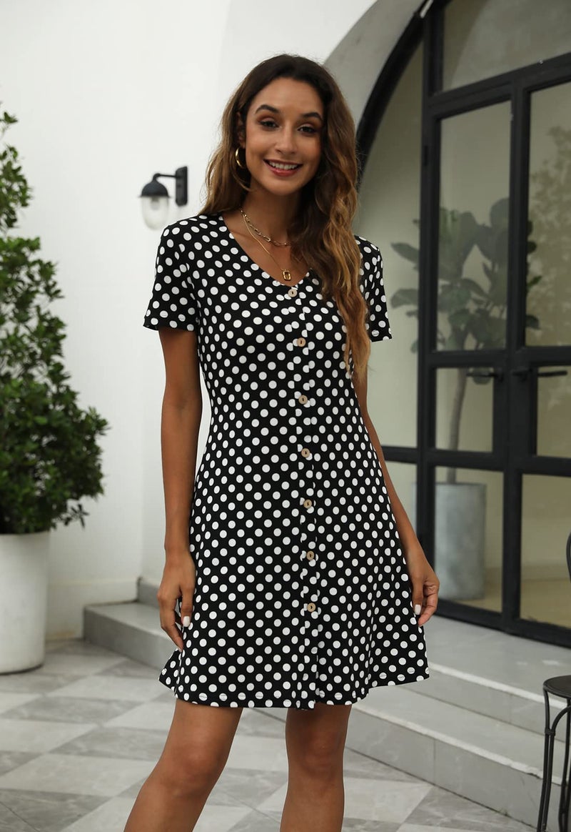 Manydress Women's Summer Casual T Shirt Short Sleeve Button Down Swing Dress with Pockets MY035 (Black Dot, M) - Image 5